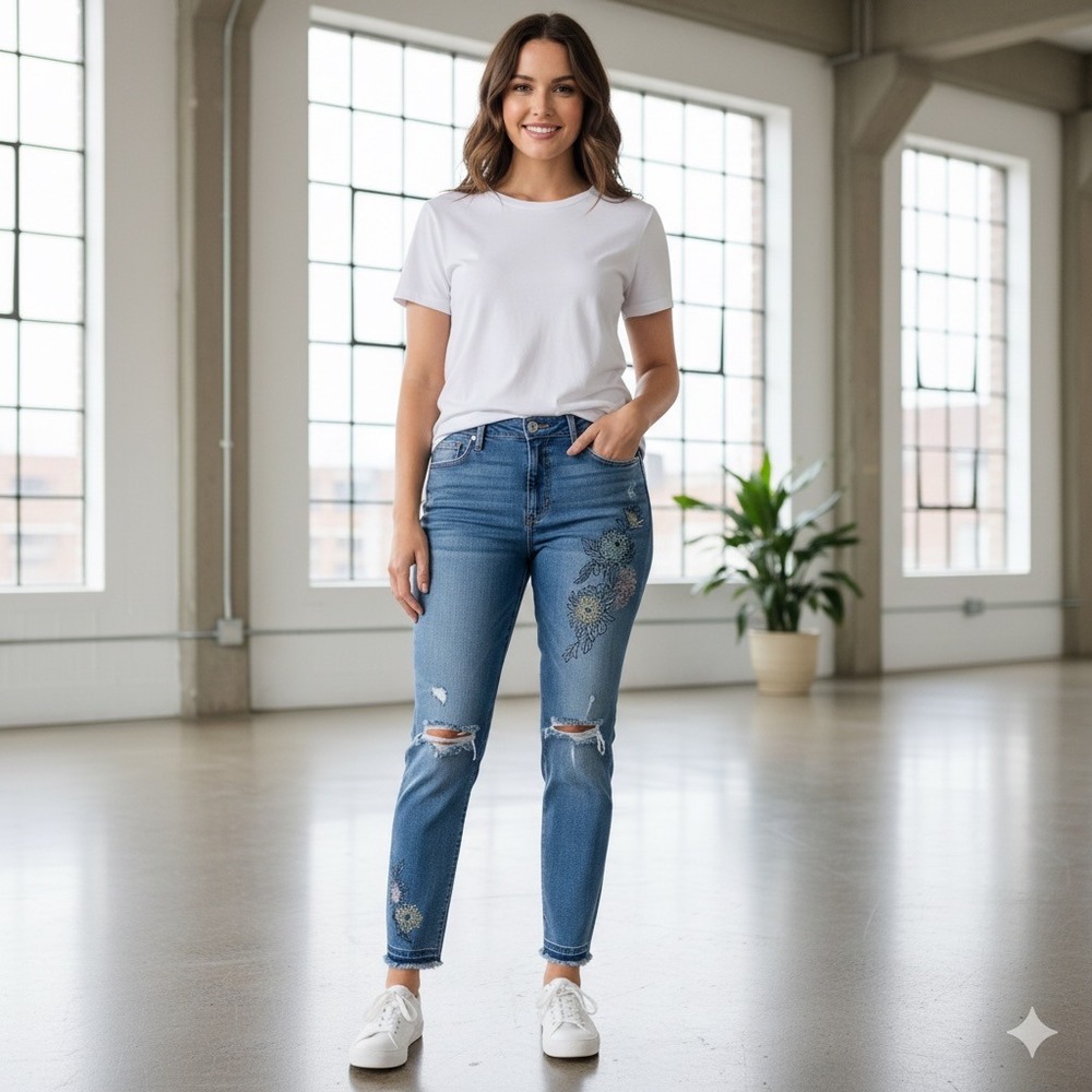 Seven High Rise Stovepipe Straight‎ Denim Jeans Women 32 Blue Embroidery Flowers